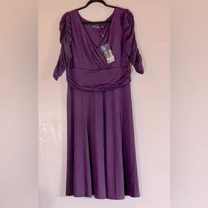 Ever Pretty Dress Purple Puffed Shoulders Rouched Waist Faux Crossover Sz 16 NWT